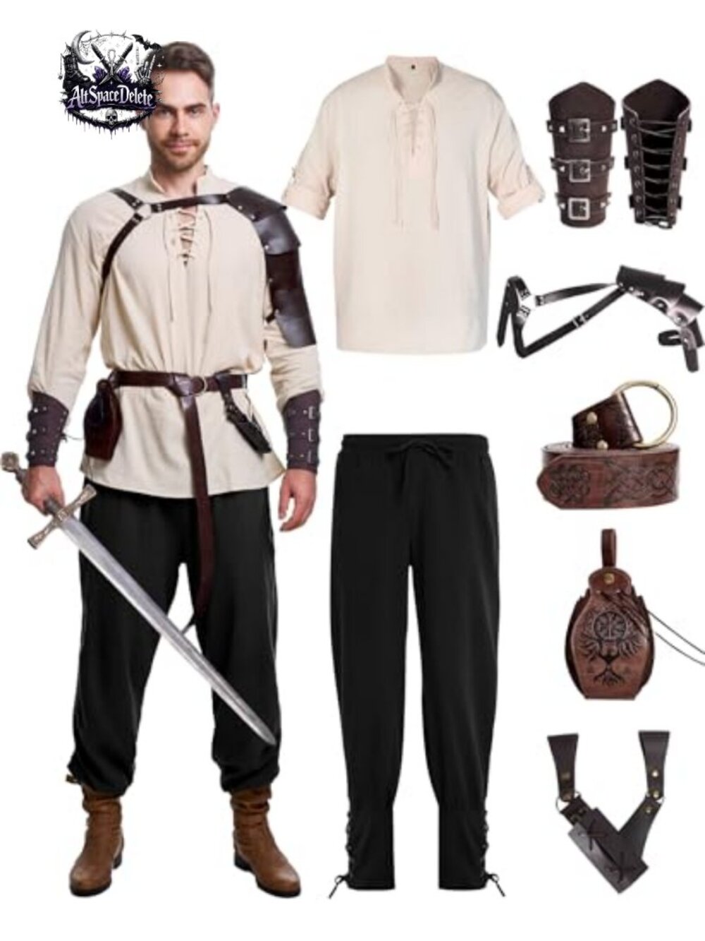 Men's Renaissance Costume 8 Pc Medieval Viking Pirate Set Shirt Pant Belt Bag